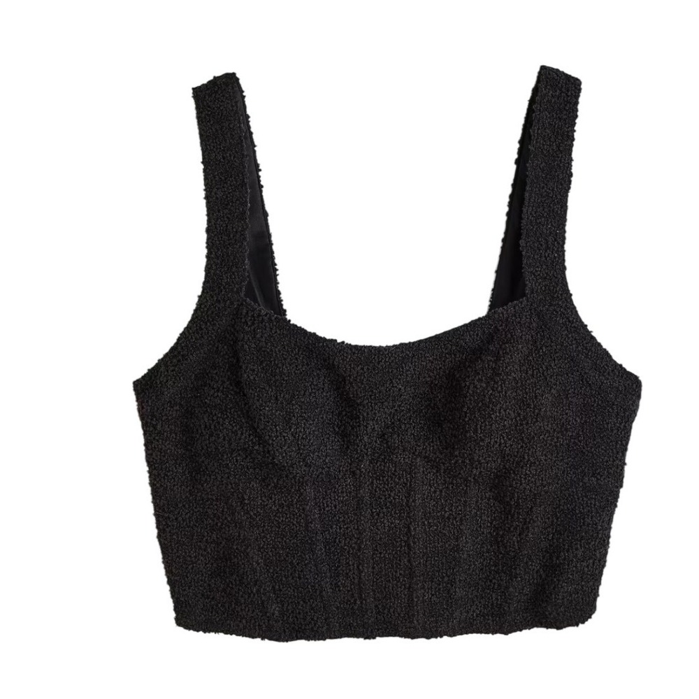 NWT H&M Textured Crop Tank Top Black Square Neck Sleeveless Women's XS
